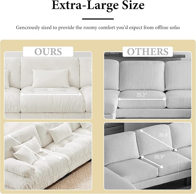 133.8" Oversized White Chenille Cloud Couch, 3 Seater Modular Sectional Sofa, Deep Seat Fluffy Couch Set with 5 Pillows