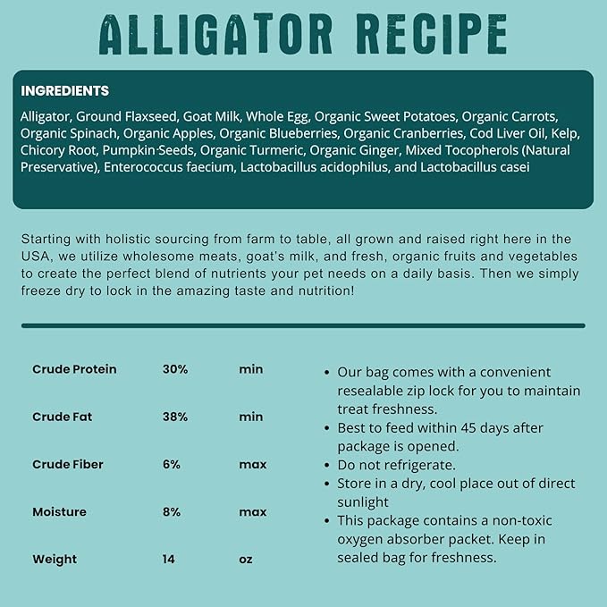 Shepherd Boy Farms Freeze Dried Raw Dog Food, Alligator Recipe, All Natural, No Synthetics, Made in USA with Goat's Milk & Organic Produce, High Protein, Complete Meal (14oz)