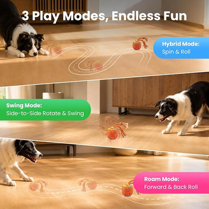 Smart Interactive Dog Toys, 3 Modes Automatic Rolling Ball, Chase Pet Toy with Rope & Barking Sound, Chew Resistant E-TPU, IPX7 Waterproof Rechargeable Ball for Medium Large Dogs, Orange