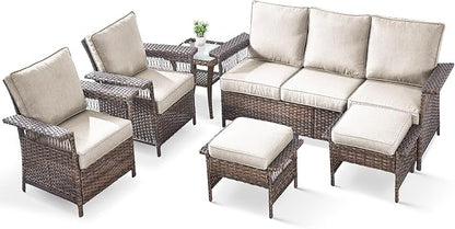6 Pieces Wicker Patio Furniture Set - Hollow Widen Armrests 3 Seat Outdoor Sofa & Comfy Chairs with Side Table & Ottomans, Small Patio Convention Set for Deck and Backyard - Brown/Beige