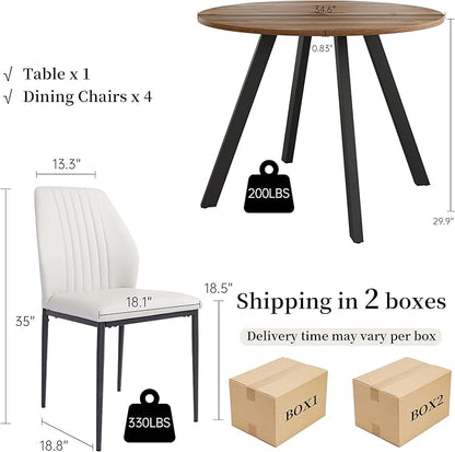 34.6'' Round Dining Table and Chairs for 4 Space Saving for Apartment Kitchen Dining Room (Walnut Table+4 White Chairs)