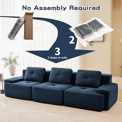 115" Modern Corduroy Cloud Sofa, Boneless Modular Large Sectional Couches for Living Room, Blue 3 Seater Compressed Memory Foam Couch, Extra Deep Seat, No Assembly