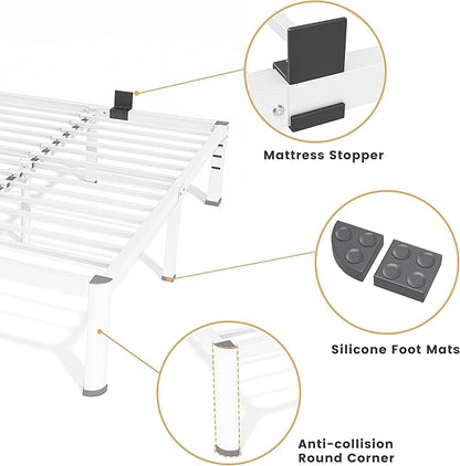 18 Inch Full Size Metal Bed Frame with Round Corners, Storage Space Under High Bed Frame-Heavy Duty Steel Slats Support, Noise Free - Easy Assembly - No Box Spring Needed,White