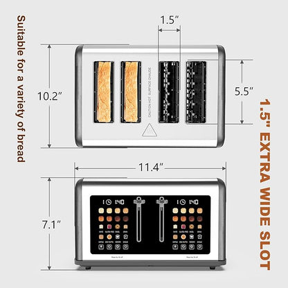 4 Slice Toaster Touch Screen, Stainless Steel Toasters Digital Timer, Dual