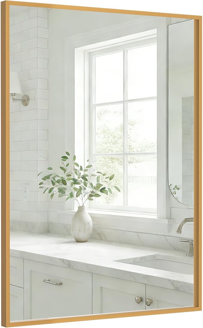 24''x36'' Gold Bathroom Mirror | Antique Brass Deep-Set Recessed Metal Frame |