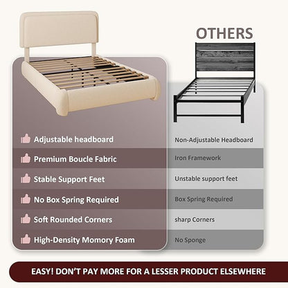 Queen Boucle Platform Bed Frame with Height Adjustable Headboard, Modern Upholstered Cloud Bed, Sleek Curved Design, No Box Spring Needed, Noise Free, Easy Assembly, Beige