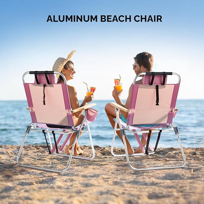 VINGLI Aluminum Backpack Beach Chair – Tall Beach Chairs for Adults, Portable with Adjustable Straps, 3-Position Reclining, Cup Holder, High Lightweight Beach Chairs for Beach (Pink, 17" High)
