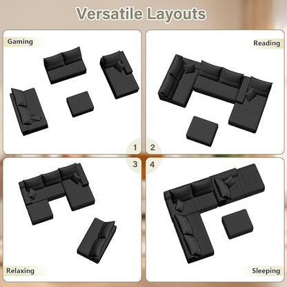 166.9" L-Shape Sofa with Ottoman, Modern Modular Sectional Comfy U-Shape Cloud Couch, Deep Seat, Upholstered Corduroy Sleeper Chaise Longue for Living Room Bedroom, No Assembly Required, Black