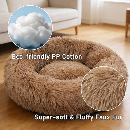 Calming Donut Dog Beds Large Sized Dog - Washable Removable Cover Non-Slip, Round Pet Bed Warming Fluffy Plush Faux Fur Anti-Anxiety Thick Cushion, Fits up to 80 lbs (Camel, 36")