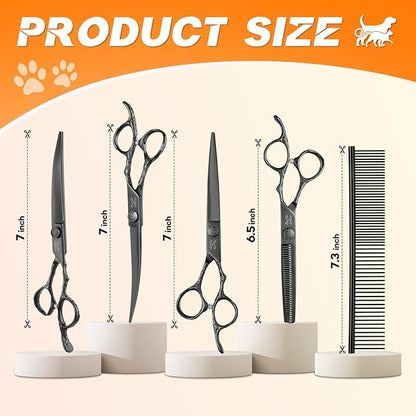 JASON Professional Dog Grooming Scissors Set - 6 in 1 Dog Shears Kit with 6.5" Thinning, 7" Straight, 7" Up-Curved, 7" Down-Curved Shears and Comb for Cat and Pet, Adjustable Screw (Black)