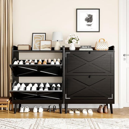 Shoe Storage Cabinet with 2 Flip Drawers & Adjustable Shelves, Freestanding