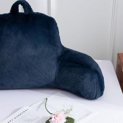 A Nice Night Faux Fur Soft Reading Pillow Bed Wedge Adult Backrest with Arms Back Support for Sitting Up in Bed/Couch for Bedrest,Navy,Large
