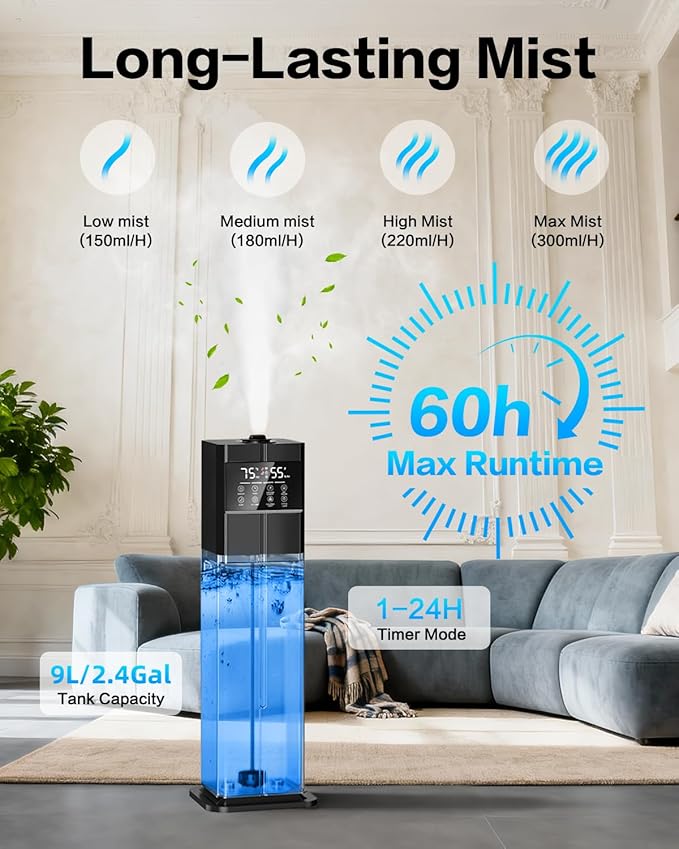 Cool Mist Humidifiers for Large Room, Ultrasonic 2.4Gal 9L Quiet Top-Fill