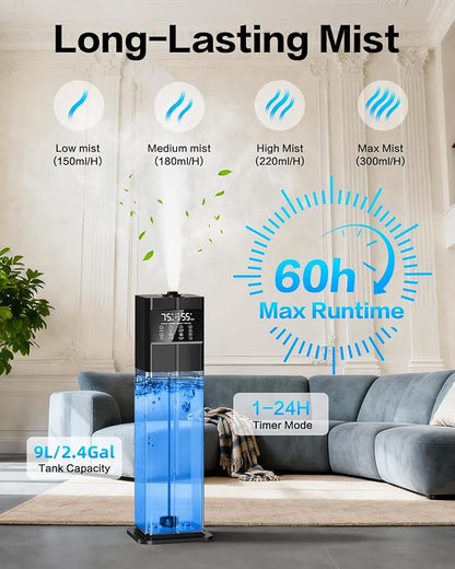 Cool Mist Humidifiers for Large Room, Ultrasonic 2.4Gal 9L Quiet Top-Fill