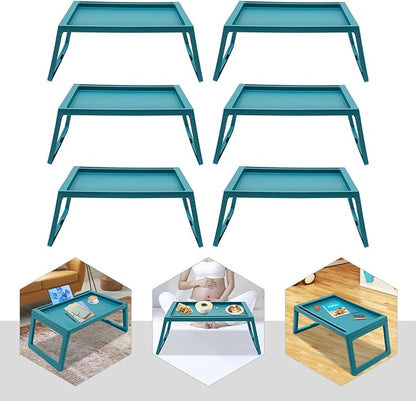 DUSNDULR 6 Pack Bed Tray Table, Foldable Laptop Desk Cute Serving Food Trays with Folding Legs & Charging Hole for Eating Reading Working (Blue)