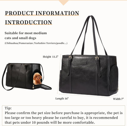 Fashion Dog Purse Pet Carrier Leather Bag for Small Dogs Cats Puppy, Portable Tote Bag Airline Approved Soft-Sided Carriers (Black)