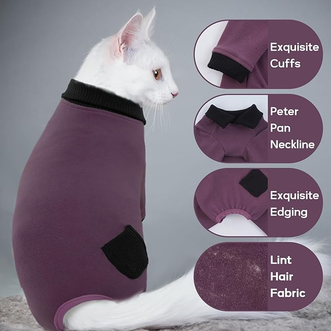 QBLEEV Cat Pajamas for Cats Only, Sticky Hair Cat Clothes, Cat Onesie for Cats After Surgery Female Male, Surgical Cat Recovery Suit Full Bodysuit, Long Sleeve Cat Shirts Outfits to Prevent Licking