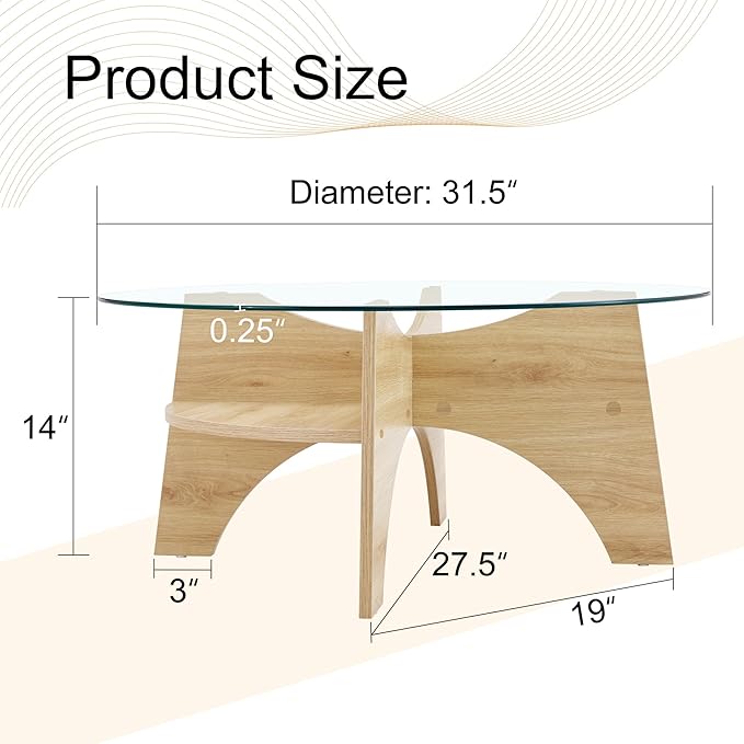 LKTART 31.5" Round Glass Coffee Table with Tempered Glass Top and MDF Base, Diagonal Fan-Shaped Tray Design Table Leg Simple & Modern Center Table for Living Room Office Apartment Wood