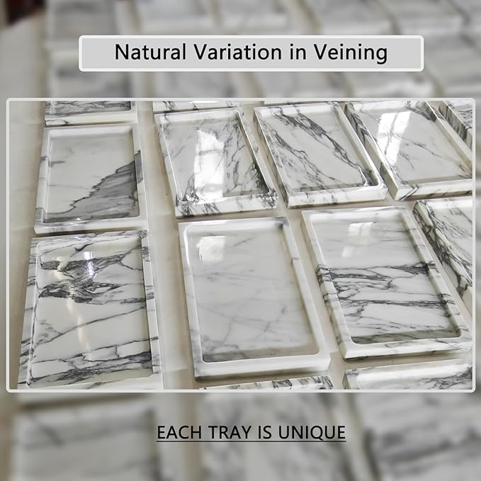 Natural White Marble Vanity Tray, 9.8"x5.9" Genuine Marble Stone Tray for Bathroom/Kitchen/Dresser (Arabescato)