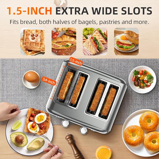 Grey Toaster 4 Slice, Dual Independent Controls, Extra Wide Slot Toasters