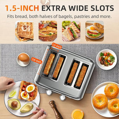 Grey Toaster 4 Slice, Dual Independent Controls, Extra Wide Slot Toasters