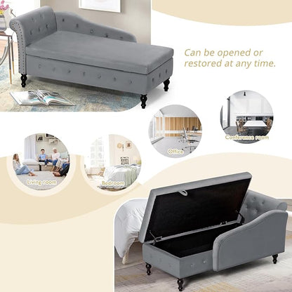 ACMEASE Upholstered Chaise Lounge with Left Armrest & Lumbar Pillow,Button Tufted Lounge Sofa with Storage,Lounge Chair Indoor,Modern Velvet Lounge Chair for Bedroom, Living Room and Office,Grey