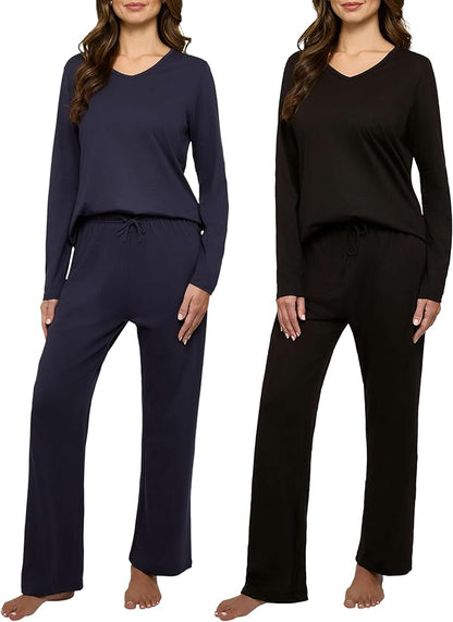 Real Essentials 2 Pack Women's Soft Cotton Long Sleeve Pajama Set with Pants - Lounge Sets for Women (Available In Plus)