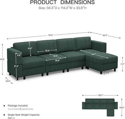 114.2" 5 Seater Modular Sofa with Deep Storage Seat,Corduroy Convertible L Shaped Sectional Couch,Modular Couch with Movable Ottoman Chaise,Upholstered Sectional Couches for Living Room,Green