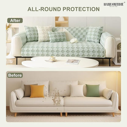 HANDONTIME Non-Slip Pet Couch Cover Washable, Plush Faux Fur Couch Protector for Cushion Pet-Friendly Sofa Covers for Dogs, Checkered Diamond Sectional Covers Dog Mat for Sofa (Green, 35.6" x 70.9")