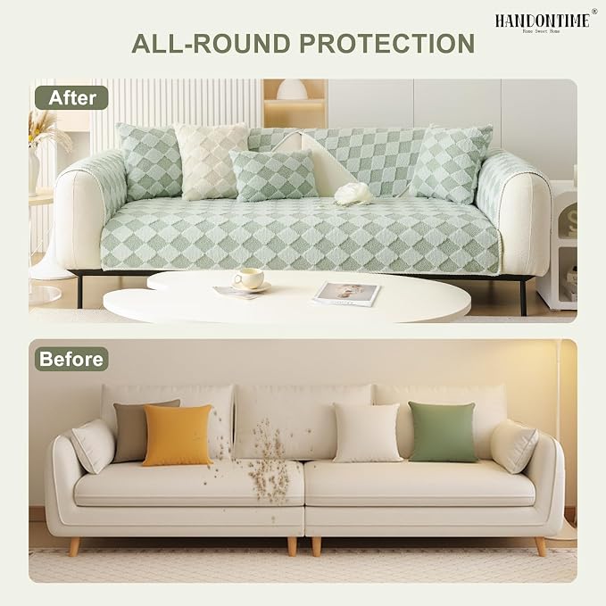 HANDONTIME Non-Slip Pet Couch Cover Washable, Plush Faux Fur Couch Protector for Cushion Pet-Friendly Sofa Covers for Dogs, Checkered Diamond Sectional Covers Dog Mat for Sofa (Green, 35.6" x 63")