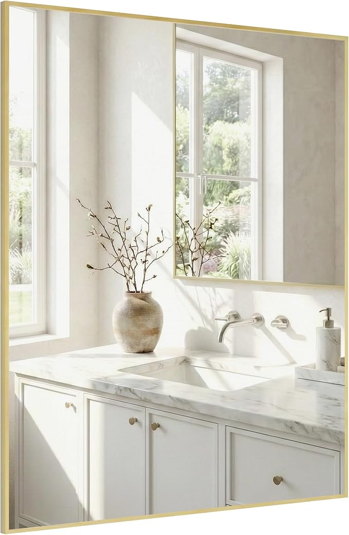 30"x36" Gold Bathroom Mirror for Wall, Metal Framed Vanity Mirror, Large