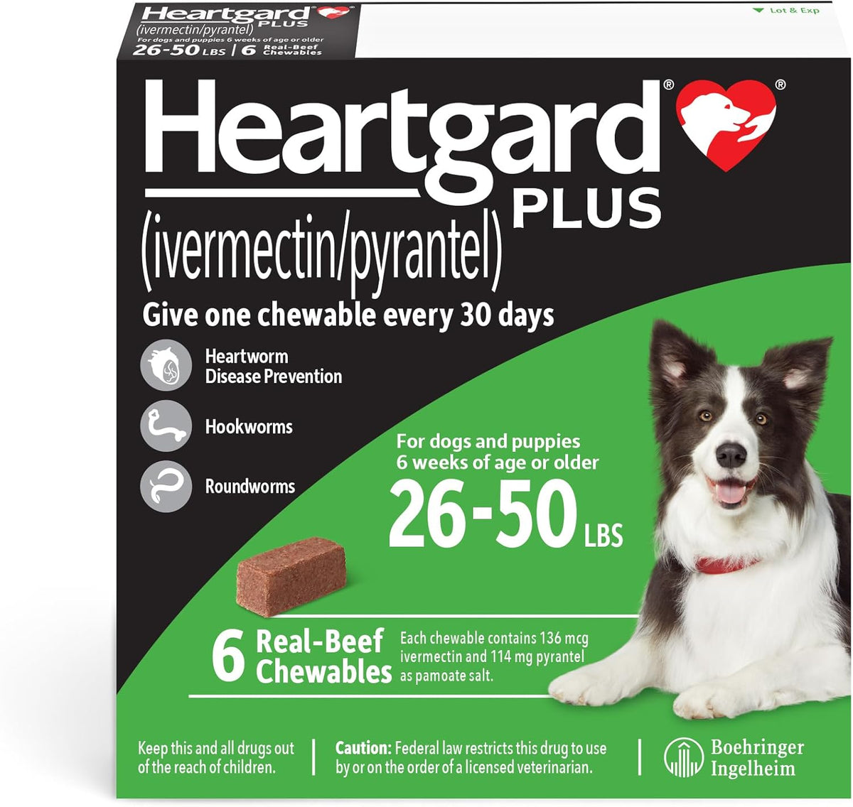 HEARTGARD® Plus (ivermectin/pyrantel) Real-Beef Chewables for Dogs 26-50 lbs (Green Box) 6 Month Supply of Chews (Heartworm Disease Preventive)