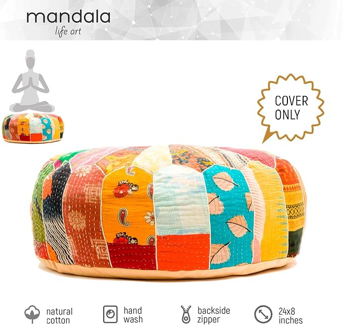 Mandala Life ART Indian Vintage Colorful Pouf Ottoman Cover Handmade Round Floor Cushion Pillow Patchwrok Recycled Cotton Bohemian Room Décor for Yoga and Boho Chic Seating Area 24x8 Unstuffed