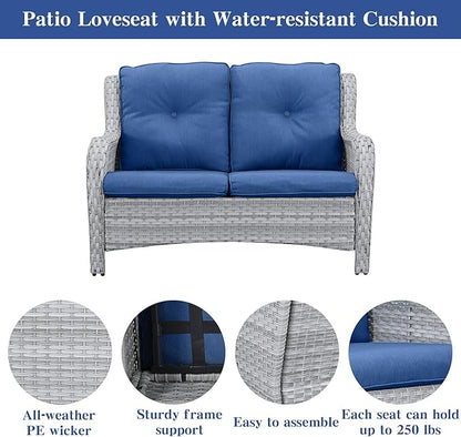 Belord 5 Piece Outdoor Patio Furniture Set - Patio Wicker Furniture Conversation Set, Outdoor Swivel Rocker Chairs with Loveseat Sofa and 2 Ottomans for Small Space, Blue Cushion