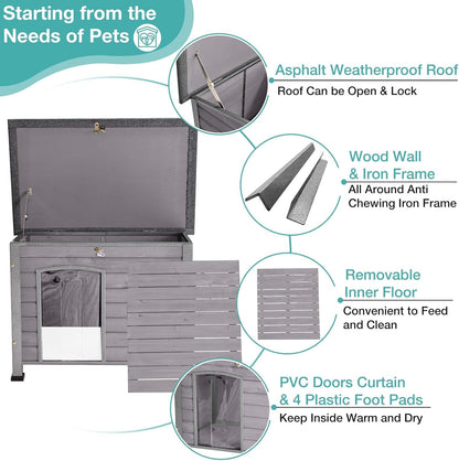 Feral Dog House Outdoor,Anti Bite Iron Frame Dog Kennel,Wood Warm Pets Home,Insulated Weatherproof Outside Shelter for Feral Animal (33.5"(L)×22"(W)×25.2"(H)-Grey-in)