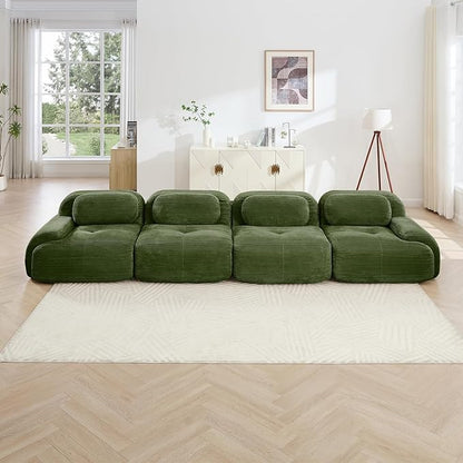 152" Modern Corduroy Cloud Sofa, Boneless Modular Large Sectional Couches for Living Room, Green 4 Seater Compressed Memory Foam Couch, Extra Deep Seat, No Assembly