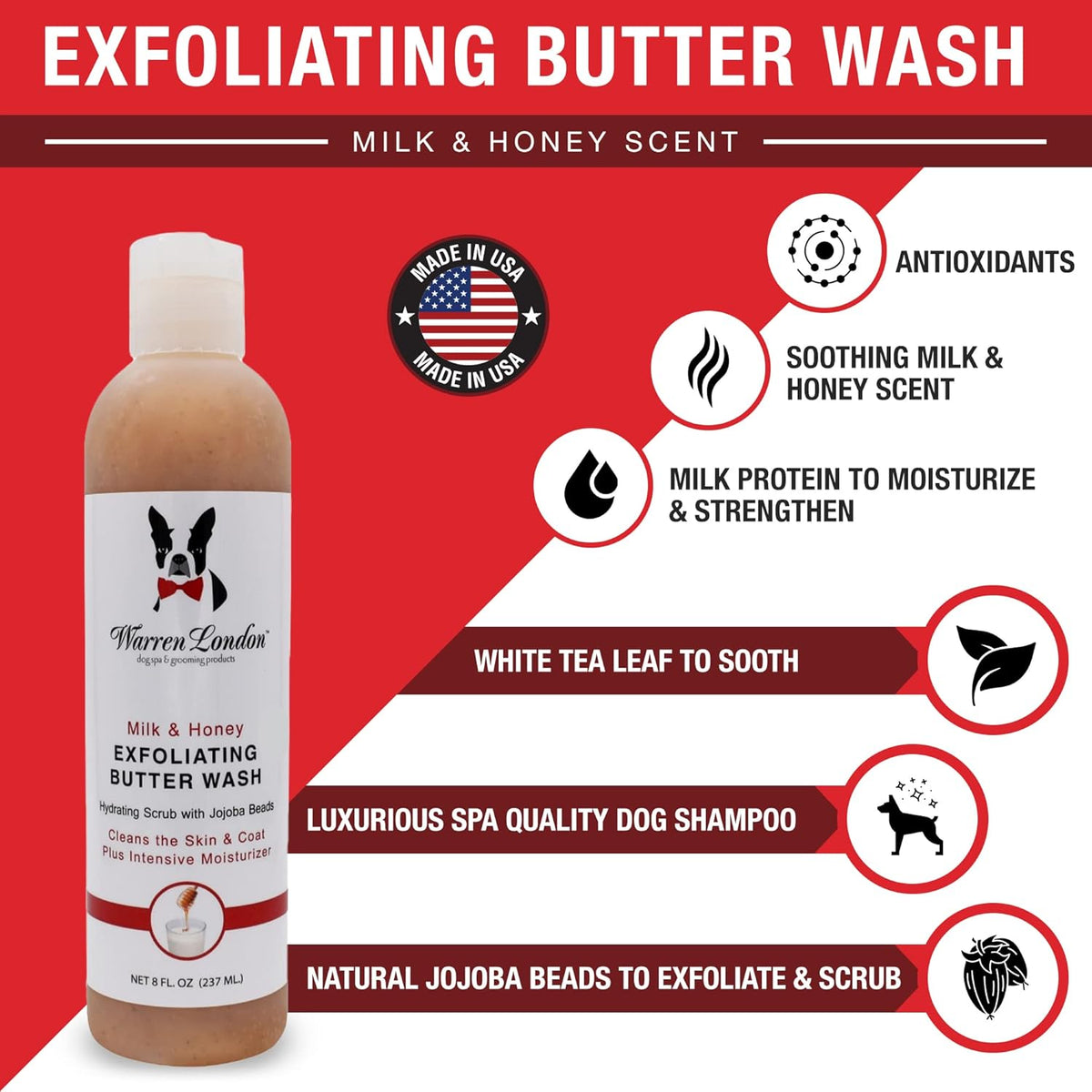 Warren London Exfoliating Butter Wash – Milk & Honey Dog Shampoo, 8 oz | Cleans, Exfoliates & Deep-Conditions in One | Jojoba Beads Remove Dandruff & Itch | Non-Oily Shine | Made in USA
