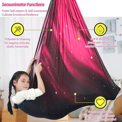 Sensory Swing for Kids Holds up to 300lbs Indoor & Outdoor Therapy Cuddle Swing with Hammock Hooks Hanger Kit for Calming, Effect for Autism, ADHD or SPD. (Space Pink)