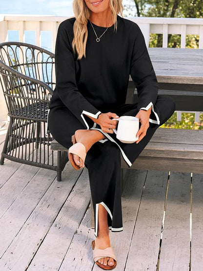 LILLUSORY Women Fall 2 Piece Lounge Set Outfits Sweatsuits Long Sleeve Sweater Tops Wide Leg Pants
