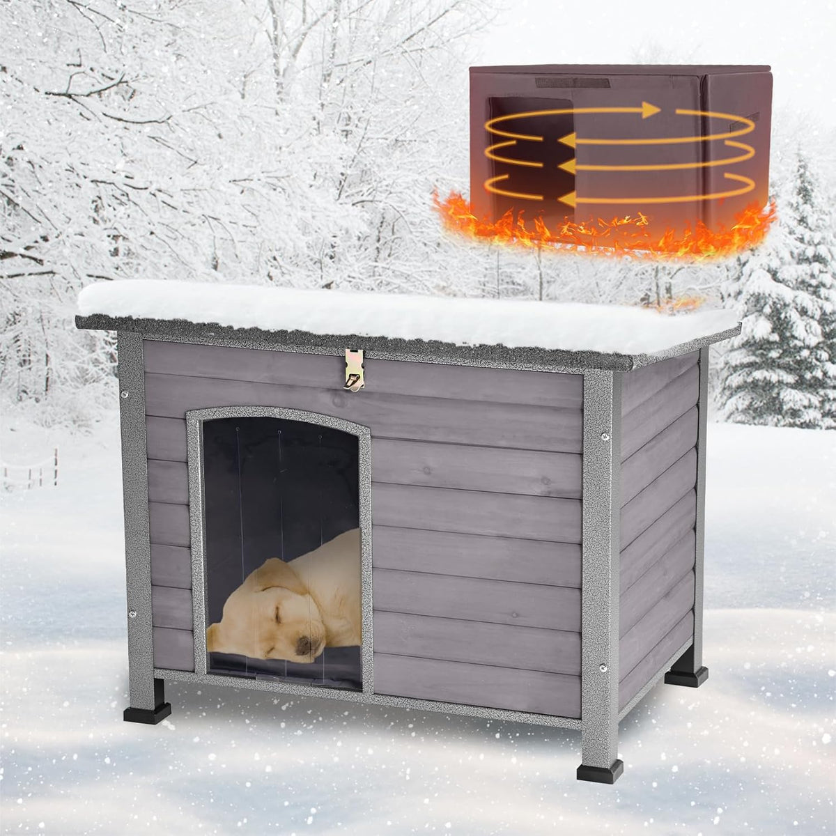 Feral Dog House Outdoor,Anti Bite Iron Frame Dog Kennel,Wood Warm Pets Home,Insulated Weatherproof Outside Shelter for Feral Animal (33.5"(L)×22"(W)×25.2"(H)-Grey-in)