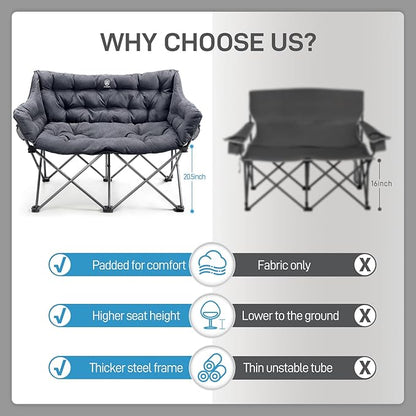EVER ADVANCED Double Camping Chair for Adults, Padded Folding Camping Love Seat Bench with Side Pocket Portable Camping Couch, Two Person Heavy Duty Folding Outdoor Chair with Cushion,Support 600lbs