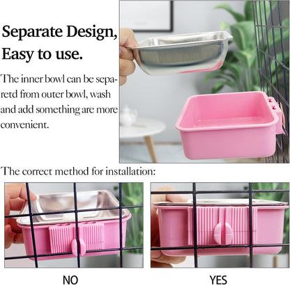 kathson Crate Dog Bowl, Removable Stainless Steel Hanging Pet Kennel Cage Bowl Food & Water Feeder Coop Cup for Puppy, Cat, Rabbit,Guinea Pigs 3pcs Square(Blue,Green,Pink)