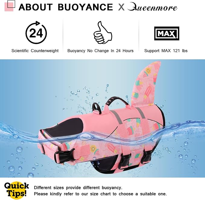 Dog Life Jacket High Flotation, Reflective, Adjustable Dog Life Preserver Rescue Handle, Spring Summer Pool for Small, Medium, Large Dogs (Pink Ice Cream, L)