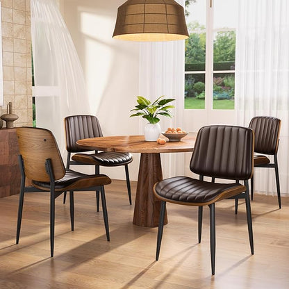 YaFiti Dining Chairs Set of 6, Mid Century Modern Dining Room Kitchen Chairs, Upholstered PU Leather Vertical Stripe Chairs for Vanity with Walnut Bentwood and Metal Legs, Brown