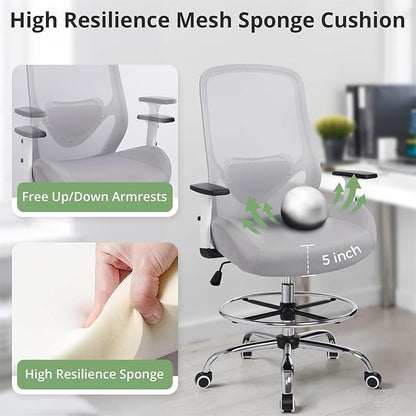 Heavy Duty Office Drafting Chair, High Back Ergonomic Chair,400Lbs Tall Office Chairs, Big and Tall Office Chair with Flip-up Armrest Lumbar Support and Footrest, Adjustable Counter Height Chairs