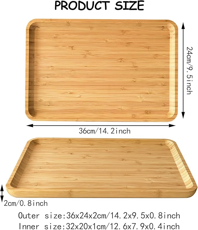 Bamboo Serving Tray Rectangle Platter Breakfast Dinner Food Bed Tray for Eating Kitchen Restaurants (1, 14.2" x 9.5" x 0.8" (no Handle))