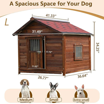 Outdoor Dog House, Solid Pine Wood Dog House with Waterproof Roof, Small Pet House with Elevated Floor and Window for Small Medium Dog, L