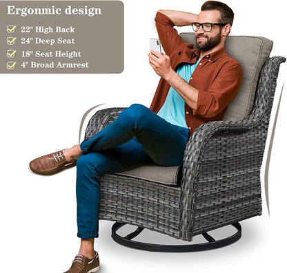 Belord Outdoor Wicker Furniture Patio Set - 7 Piece Backyard Furniture Grey Rattan Conversation Sets with Swivel Rocker Chairs, Rattan Sofa, Club Chairs and Coffee Table, Grey Cushion