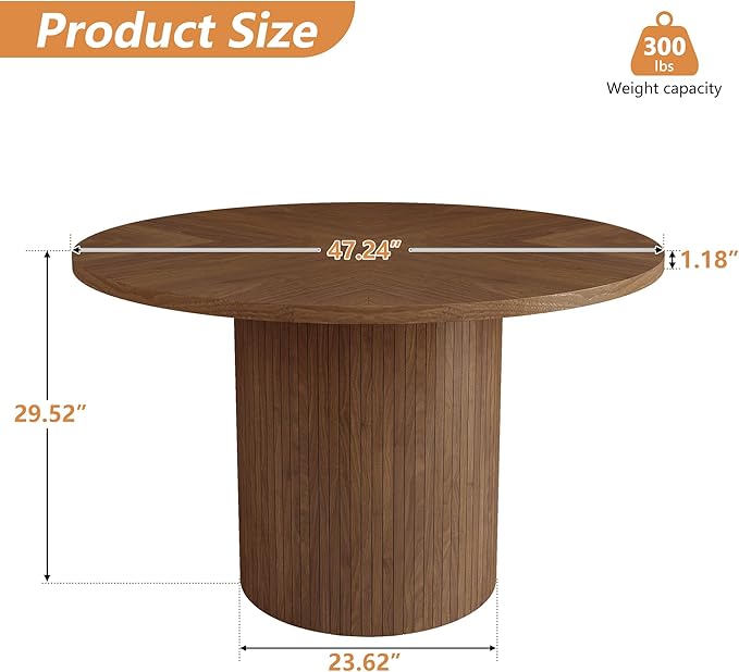 Round Dining Table for 4, Modern Farmhouse Kitchen Table, 47 Inch Small Circle Dining Tables with Wood Strip Base for Kitchen Living Room (Walnut)