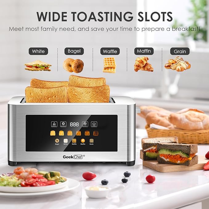 Geek Chef Long Slot Toaster 4 Slice, 1.5" Touch Screen Extra Wide Slots
